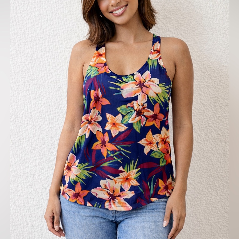 Old Navy Blue Orange Green Floral Sleeveless Tropical Summer Blouse Tank Top M